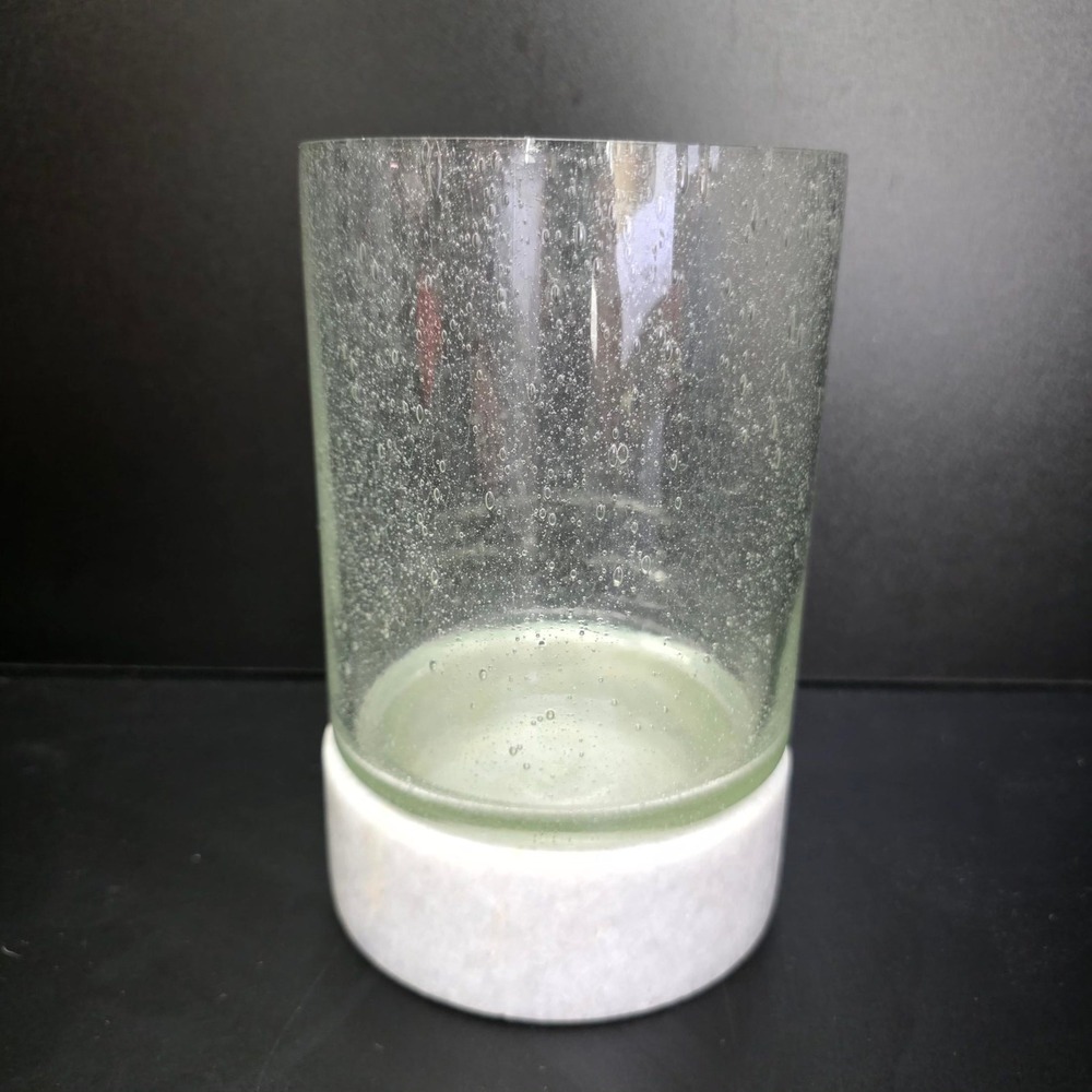 Hurricane Vase 7.5" Clear White Seeded Glass Marble Base Decor